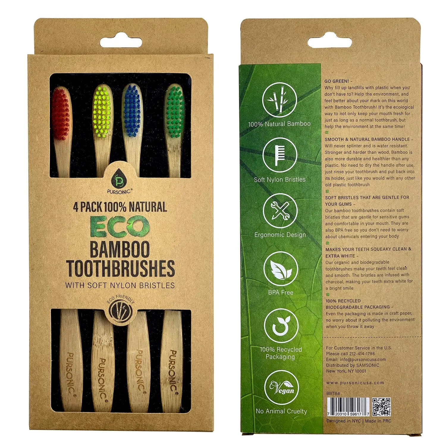 100% Natural Eco Bamboo Toothbrushes (4 pack)