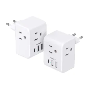 2 Pack European Travel Plug Adapter, International Power Plug Adapter with 3 Outlets 3 USB Charging Ports(1 USB C), Type C Plug Adapter Travel Essentials to Most Europe EU Spain Italy France Germany