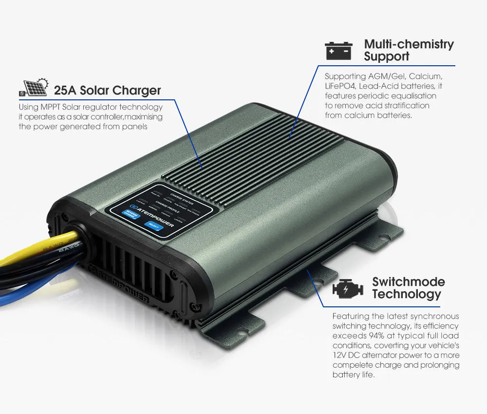 Atem Power 12V 25A DC to DC Battery Charger Dual Battery System Kit   Smart Hub