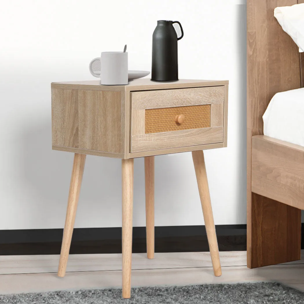 Bedside Tables Rattan Wood Drawers Nightstand Storage Cabinet Bedroom