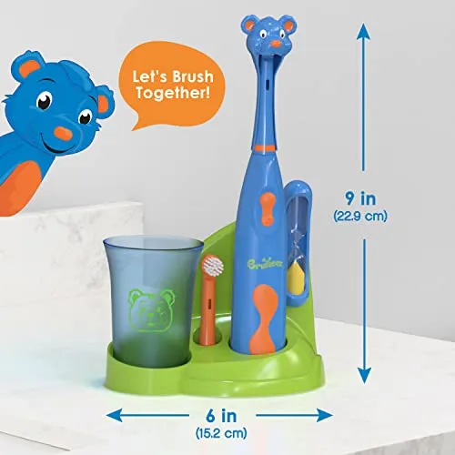 Brusheez® Kids’ Electric Toothbrush Set - Safe & Effective for Ages 3  - Parent Tested & Approved with Gentle Bristles, 2 Brush Heads, Rinse Cup, 2-Minute Timer, & Storage Base (Buddy The Bear)