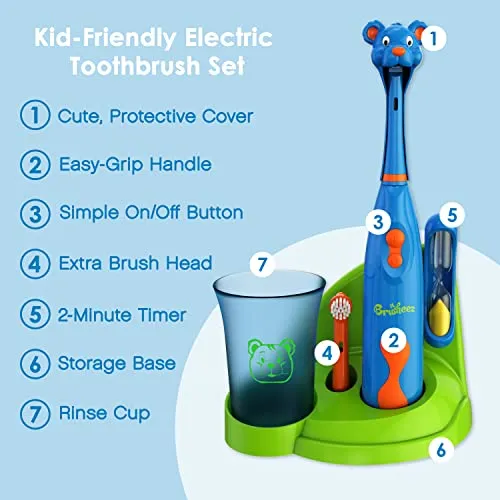 Brusheez® Kids’ Electric Toothbrush Set - Safe & Effective for Ages 3  - Parent Tested & Approved with Gentle Bristles, 2 Brush Heads, Rinse Cup, 2-Minute Timer, & Storage Base (Buddy The Bear)