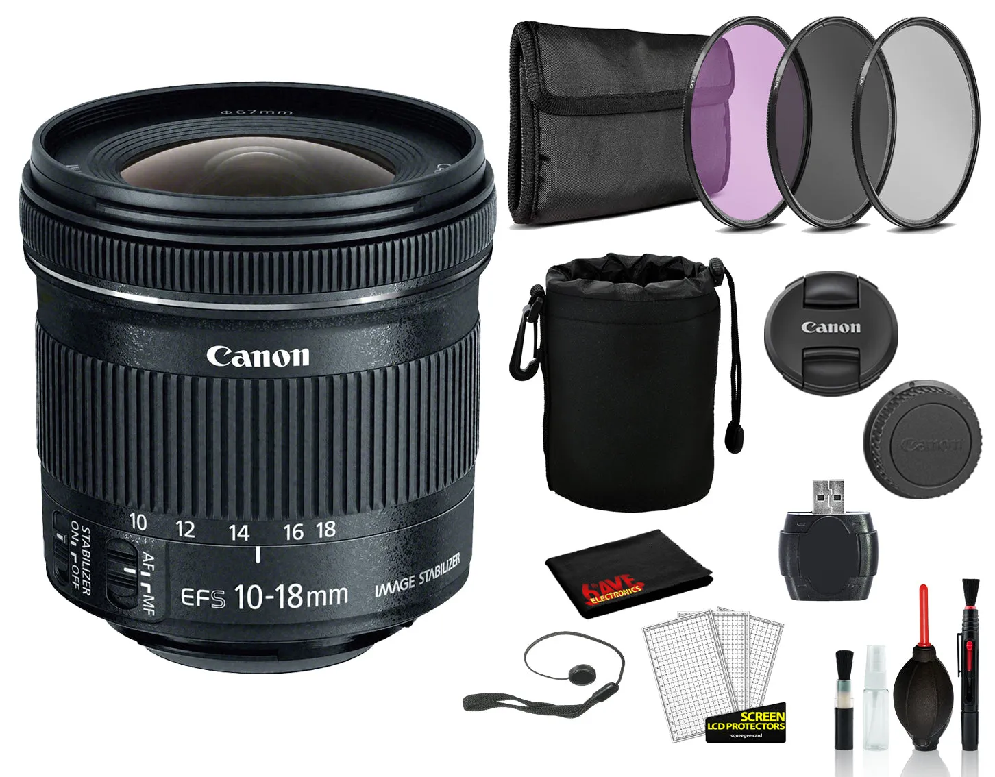 Canon EF-S 10-18mm f/4.5-5.6 IS STM Lens (9519B002) Lens with Bundle includes 3pc Filter Kit   Lens Pouch   More