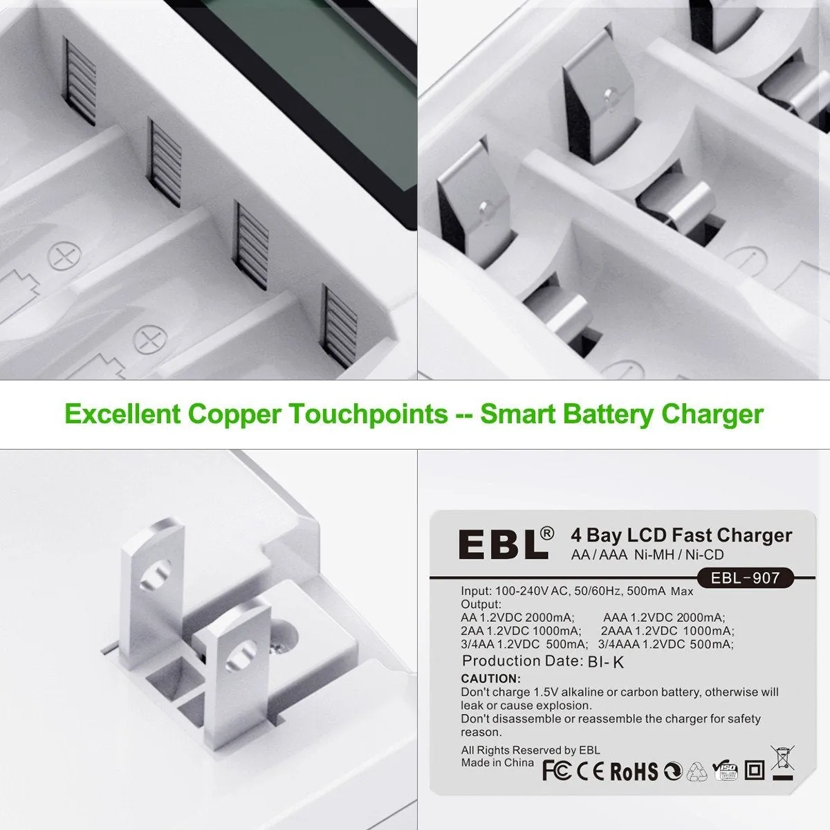 EBL Rechargeable AA AAA Batteries with 907 Individual Battery Charger