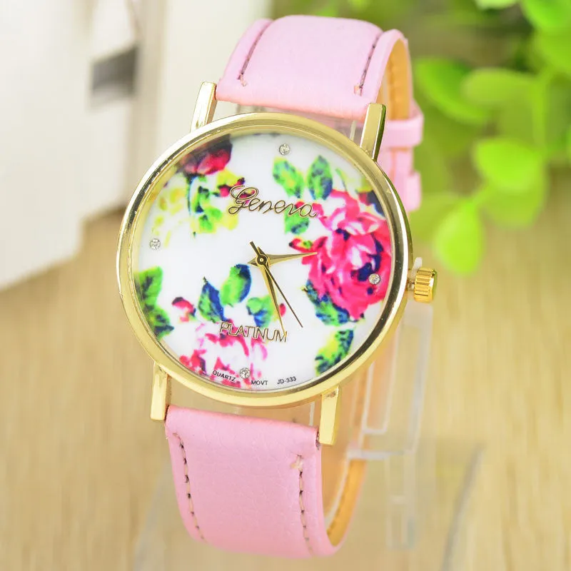 Fashion Leather GENEVA Rose gold Flower Watch Women Dress Watch Quartz Watches