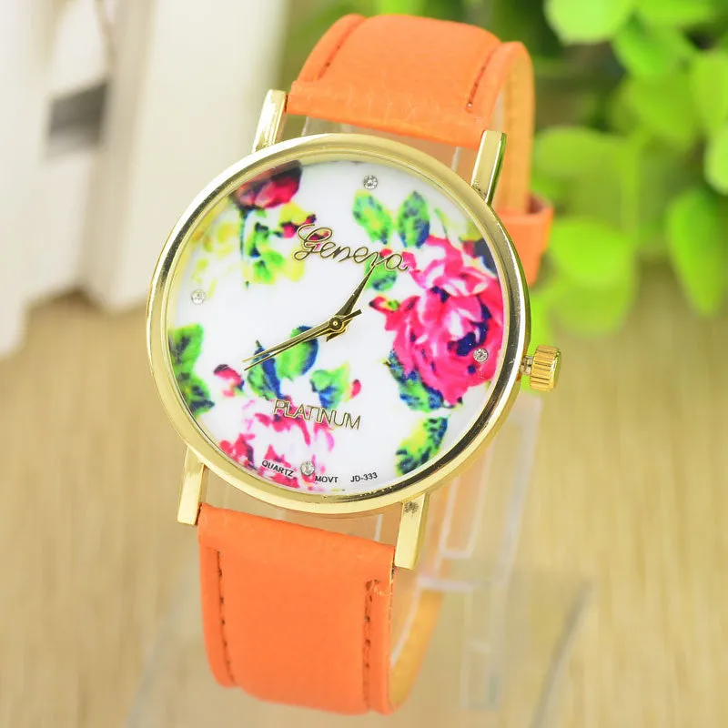 Fashion Leather GENEVA Rose gold Flower Watch Women Dress Watch Quartz Watches