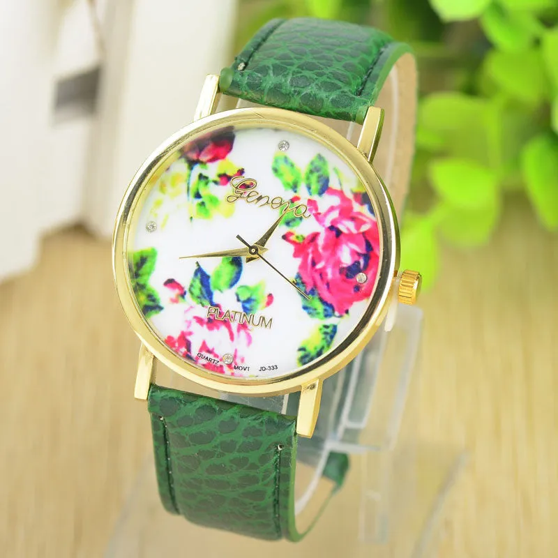 Fashion Leather GENEVA Rose gold Flower Watch Women Dress Watch Quartz Watches