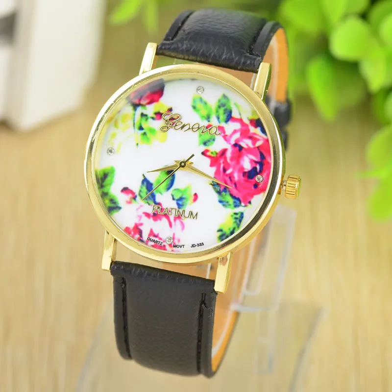 Fashion Leather GENEVA Rose gold Flower Watch Women Dress Watch Quartz Watches