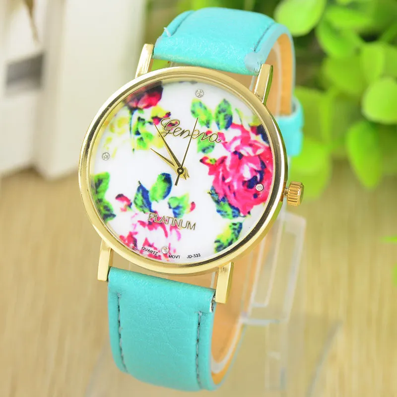 Fashion Leather GENEVA Rose gold Flower Watch Women Dress Watch Quartz Watches