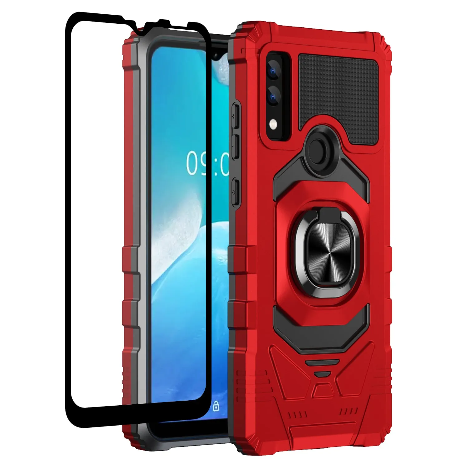 For AT&T Maestro 3 Case [Military Grade] Ring Car Mount Kickstand w/[Tempered Glass] Hybrid Hard PC Soft TPU Shockproof Protective Case - Red