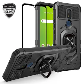 For Cricket Icon 3 (3rd Version) | At&t Motivate 2 (2nd) | Cricket Splendor Case with Tempered Glass Screen Protector Hybrid Ring Shockproof Hard Case Phone Cover - Black