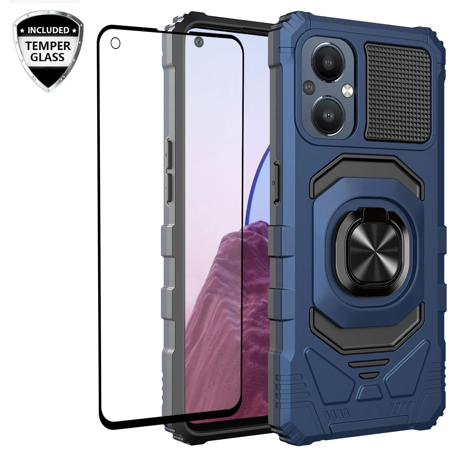 For OnePlus Nord N20 5G Case [Military Grade] Ring Car Mount Kickstand w/[Tempered Glass] Hybrid Hard PC Soft TPU Shockproof Protective Case - Blue