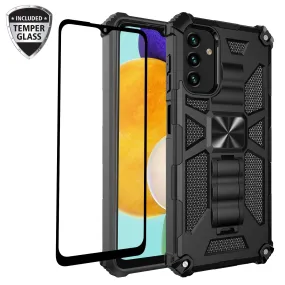 For Samsung Galaxy A14 5G Case [Military Grade] Ring Car Mount Kickstand w/[Tempered Glass] Hybrid Hard PC Soft TPU Shockproof Protective Case - Black