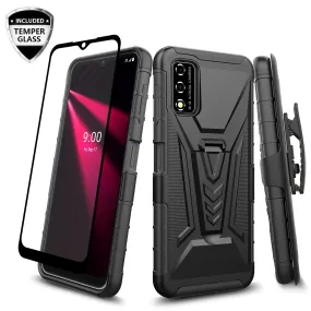 For T-Mobile REVVL V Case with Tempered Glass Screen Protector Heavy Duty Protective Phone Case,Built-in Kickstand Rugged Shockproof Protective Phone Case - Black