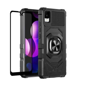 For TCL 30z / 30 LE Case [Military Grade] Ring Car Mount Kickstand w/[Tempered Glass] Hybrid Hard PC Soft TPU Shockproof Protective Case - Black