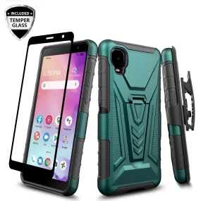 For TCL A3 Case with Tempered Glass Screen Protector Heavy Duty Protective Phone Case,Built-in Kickstand Rugged Shockproof Protective Phone Case - Teal