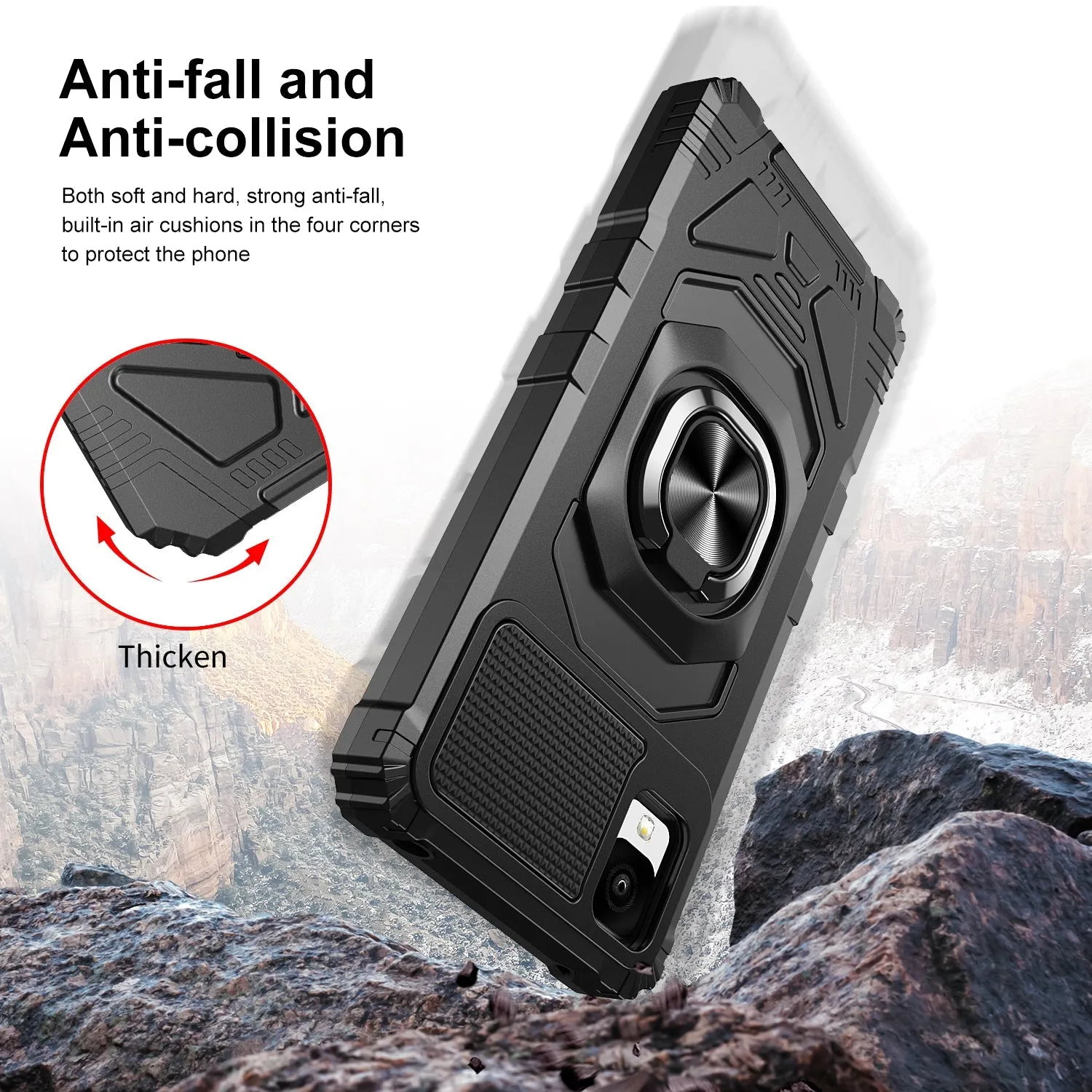 For TCL Ion Z/A3/A30 Case [Military Grade] Ring Car Mount Kickstand w/[Tempered Glass] Hybrid Hard PC Soft TPU Shockproof Protective Case - Black