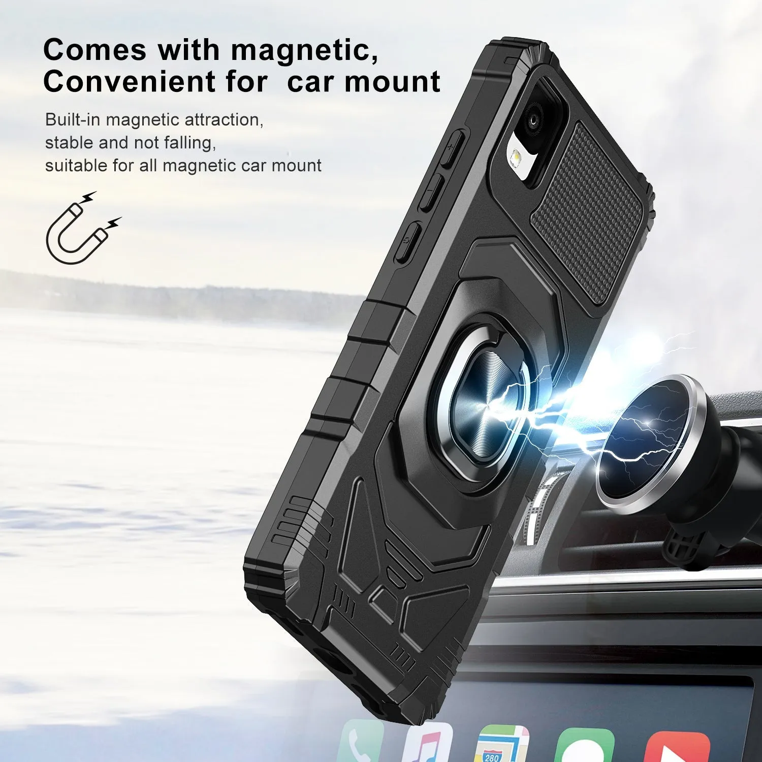 For TCL Ion Z/A3/A30 Case [Military Grade] Ring Car Mount Kickstand w/[Tempered Glass] Hybrid Hard PC Soft TPU Shockproof Protective Case - Black