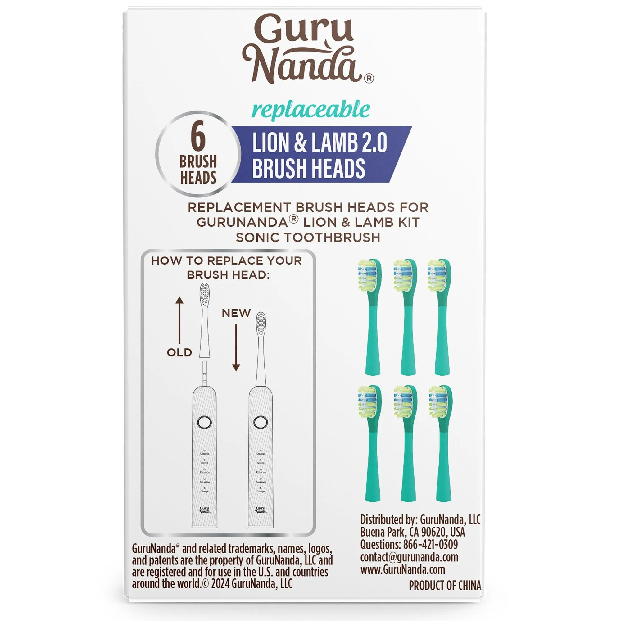 GuruNanda Lion & Lamb 2.0 Replacement Brush Head (Pack of 6) - Teal