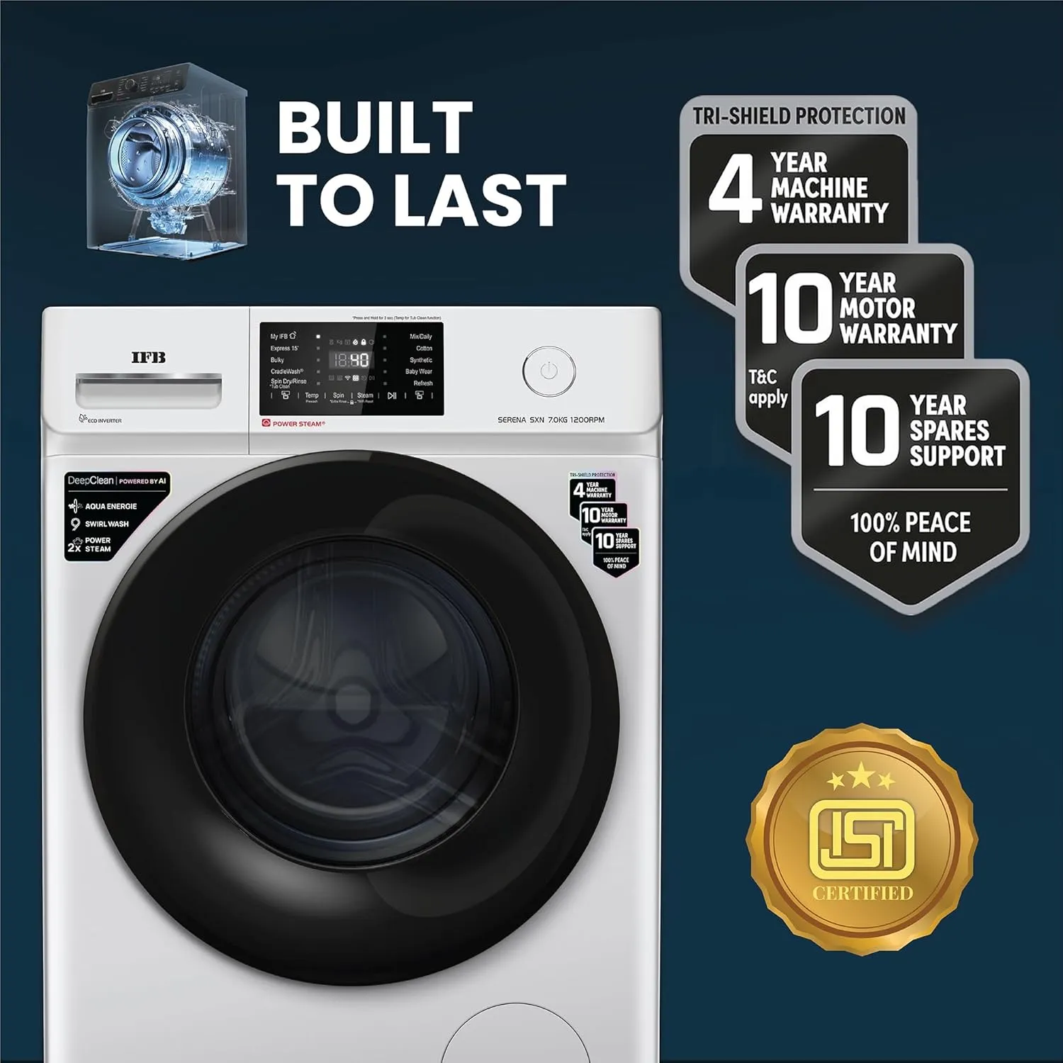 IFB SERENA SXN 7012 7 Kg 5 Star Powered by AI with 9 Swirl Wash, Wi-fi, Front Load Washing Machine (Steam Refresh Program with Eco Inverter, Rich Silver)