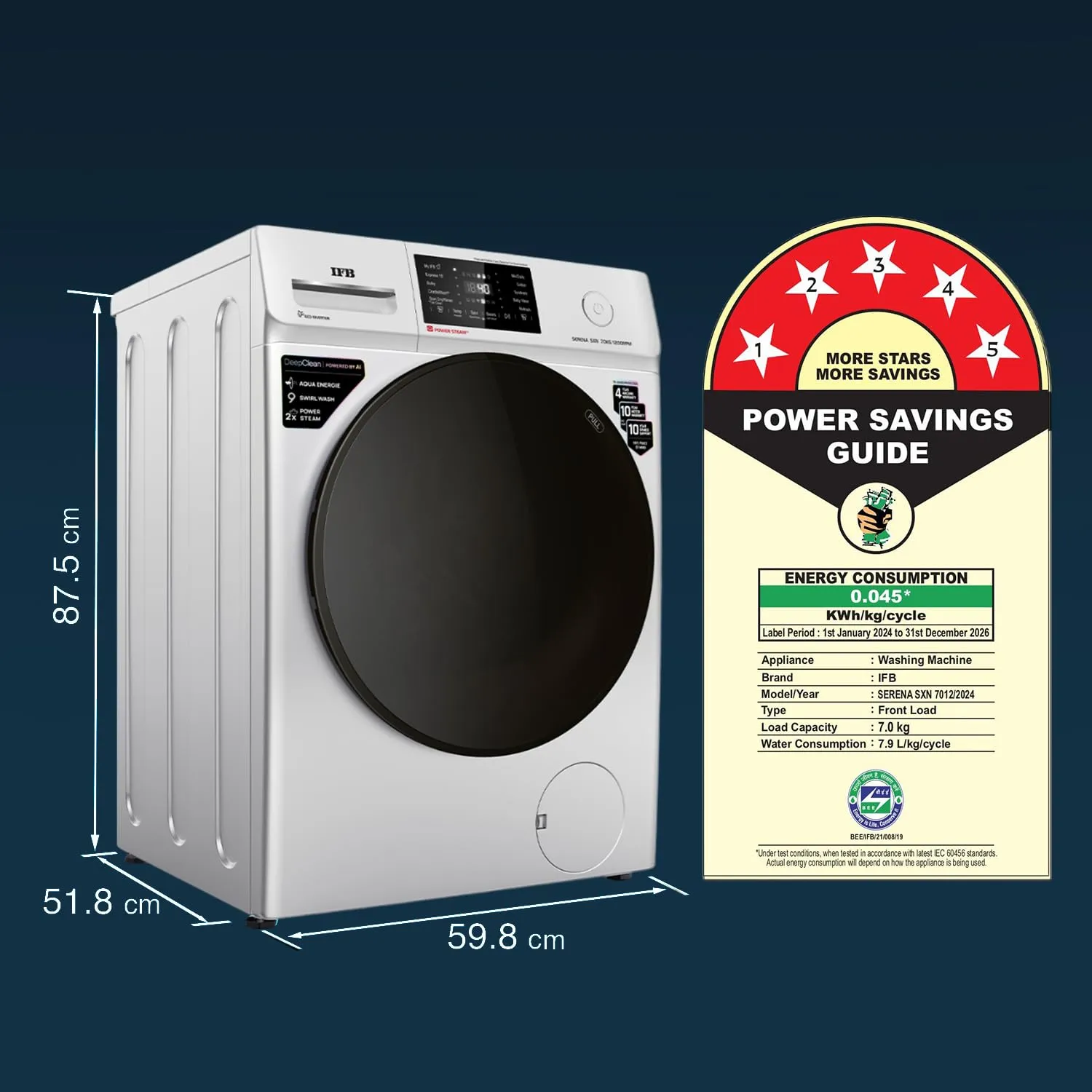 IFB SERENA SXN 7012 7 Kg 5 Star Powered by AI with 9 Swirl Wash, Wi-fi, Front Load Washing Machine (Steam Refresh Program with Eco Inverter, Rich Silver)