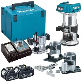 Makita DRT50ZJX3 18V Brushless Router Trimmer With Extra Bases   2 x 5.0Ah Batteries & Charger In Case