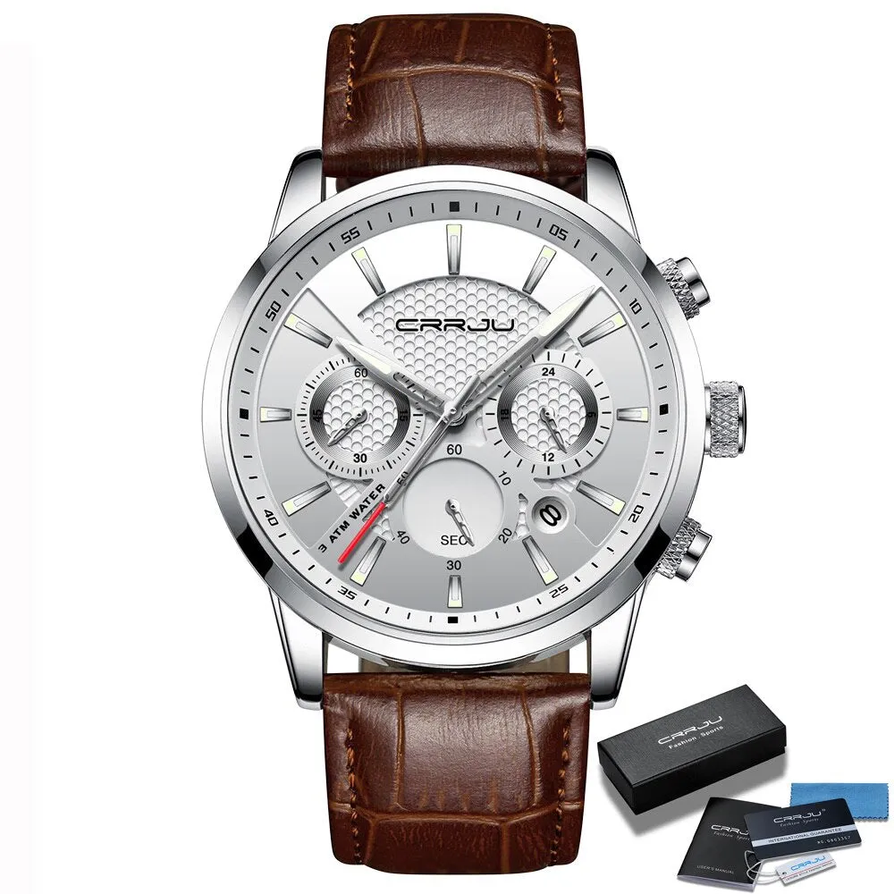 Men Watches Luxury CRRJU Brand Chronograph Men Sport Watches High Quality Leather Strap Quartz Wristwatch Relogio Masculino