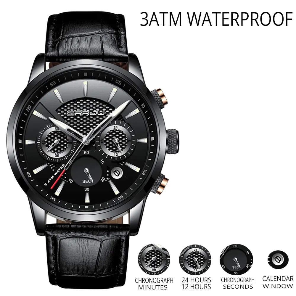 Men Watches Luxury CRRJU Brand Chronograph Men Sport Watches High Quality Leather Strap Quartz Wristwatch Relogio Masculino