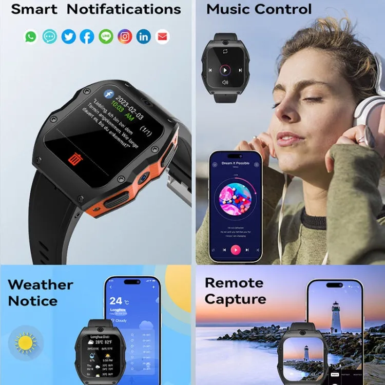 Model X 1.99 inch IP68 Waterproof Android 9.0 4G Dual Cameras Matte Smart Watch, Specification:4GB 128GB(Black Orange)