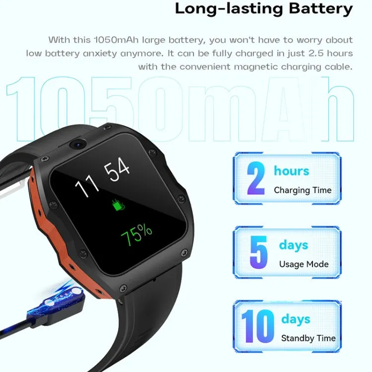 Model X 1.99 inch IP68 Waterproof Android 9.0 4G Dual Cameras Matte Smart Watch, Specification:4GB 128GB(Black Orange)