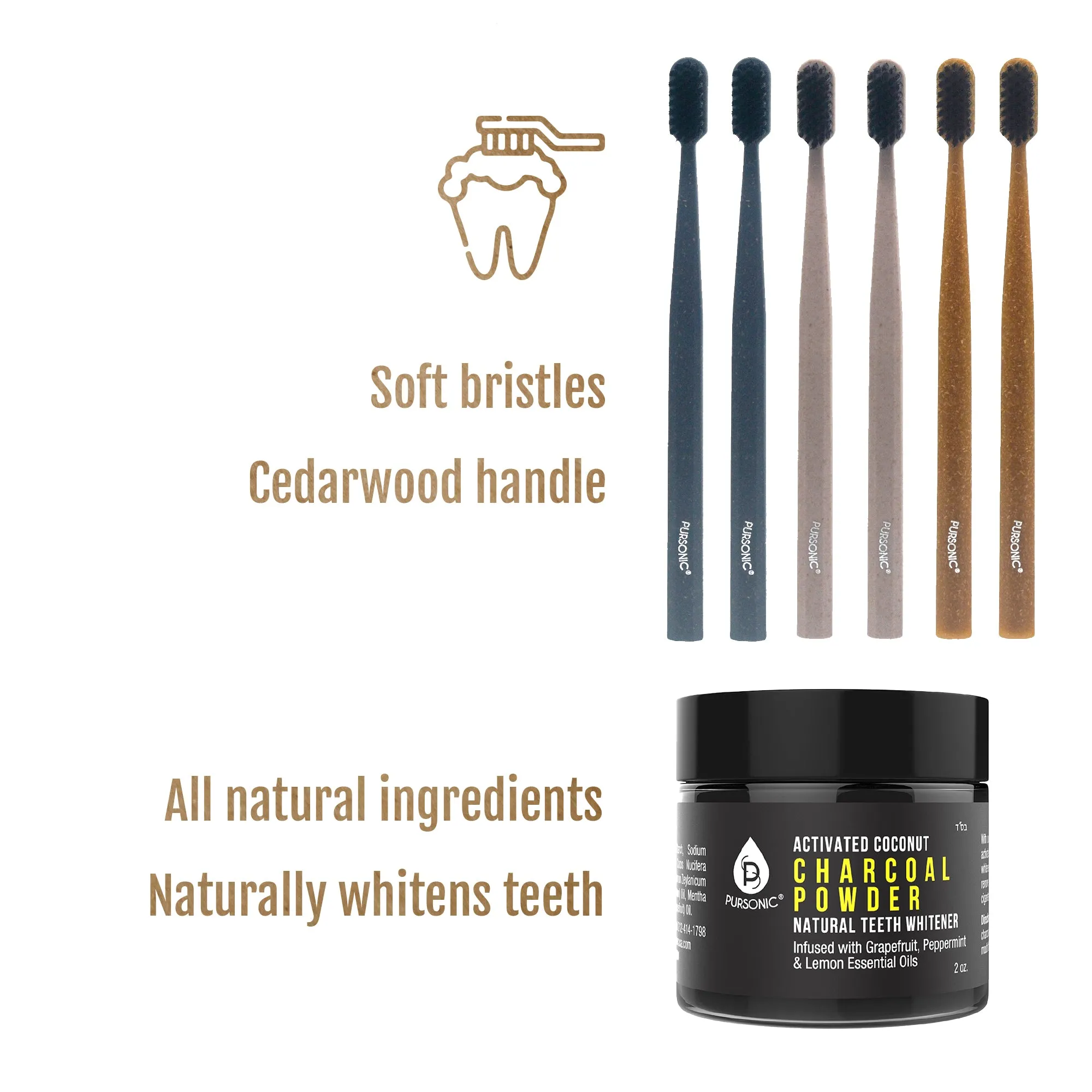 Natural Radiance Combo: Activated Coconut Charcoal Powder Natural Teeth Whitener   100% Eco-friendly Cedarwood Toothbrushes (6 Pack)