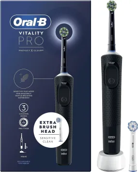 Oral-B Vitality Pro Electric Toothbrushes For Adults, 1 Handle, 2 Toothbrush Heads, 3 Brushing Modes Including Sensitive Plus, 2 Pin UK Plug, Black