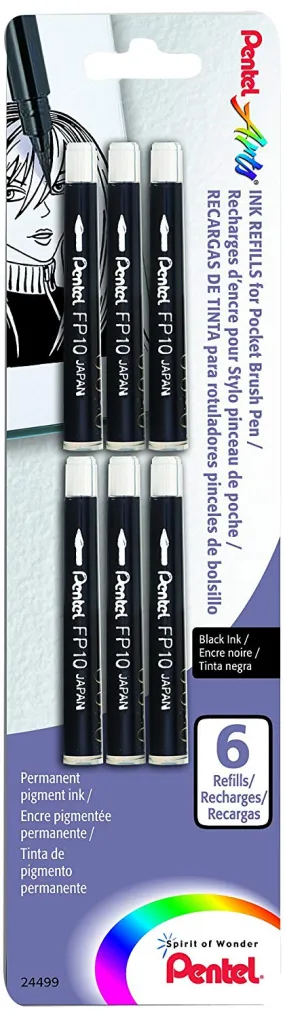 Pentel Arts Pocket Brush Refills, Black Ink, Pack of 6