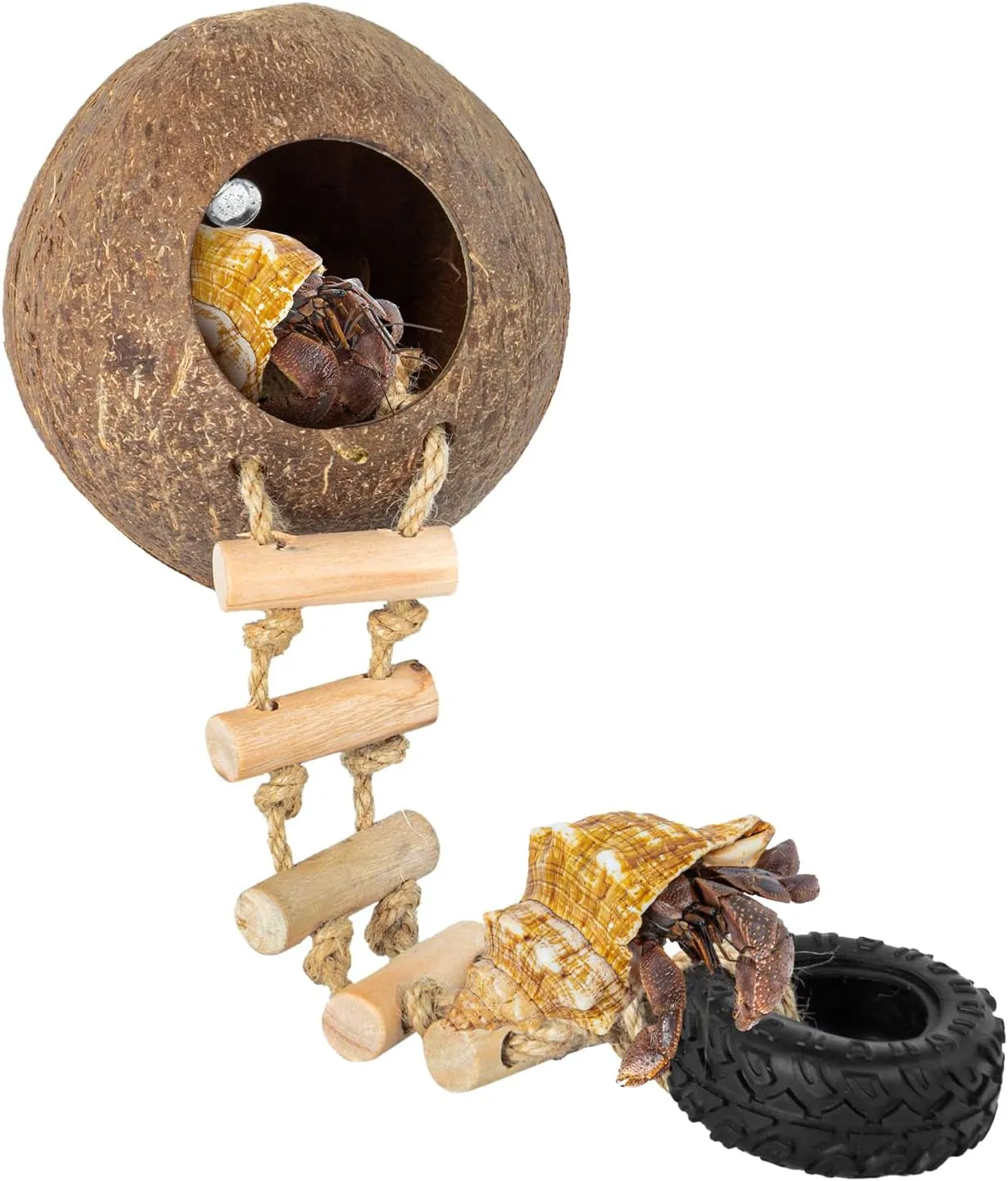 REPTIZOO Hermit Crab Coconut Shell Hideout, Leopard Gecko Hide Cave with Ladder, Reptile Coco Hut Cave Habitat with Suction Cup Terrarium Décor for Crested Gecko,Hermit Crab, Lizard, Leopard Gecko