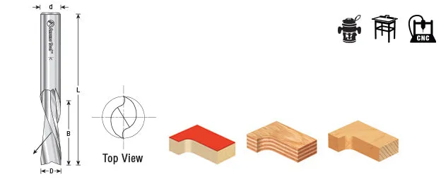 Spiral Plunge Down-Cut CNC Router Bit | 1⁄4 Dia x 3⁄4 x 1⁄4" Shank | 46202 | 738685862025