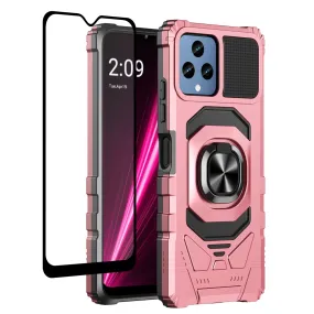 T-Mobile REVVL 6 5G Case [Military Grade] Ring Car Mount Kickstand w/[Tempered Glass] Hybrid Hard PC Soft TPU Shockproof Protective Case - Rose Gold