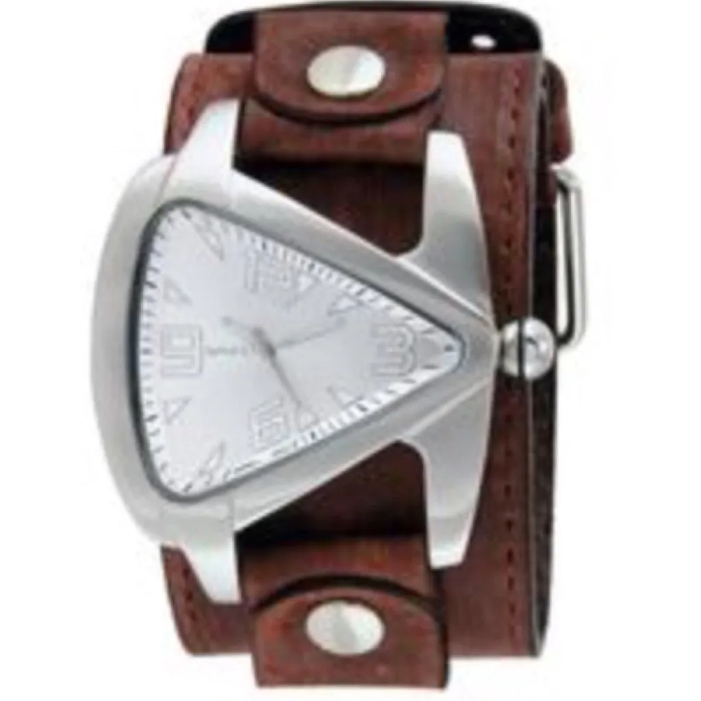 Teardrop Silver Watch with Distressed Brown Leather Wide Cuff