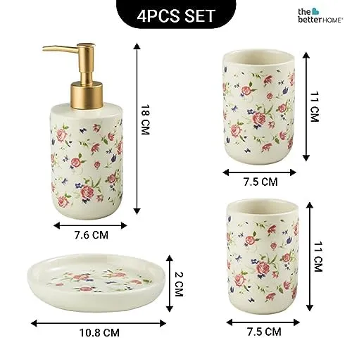 The Better Home Ceramic 4 Pc Bathroom Accessories Set-Soap Dispenser for Bathroom, Toothbrush Holder, Soap Holder for Bathroom, Tumbler (Pack of 4) | Bathroom Organiser | Handwash Dispenser | White