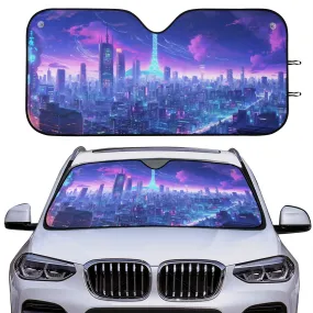 Tokyo Skyline Car Sun Shade, Anime Purple Front Windshield Cover Blocker Auto Protector Window Visor Screen Shield Men Women SUV Truck