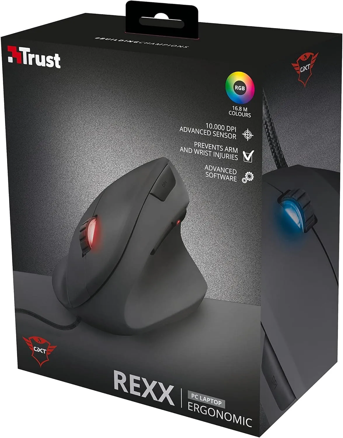 Trust Gaming Mouse GXT 144 Rexx, Vertical Ergonomic Mouse, 250-10,000 DPI, 6 Programmable Buttons, Advanced Software, Adjustable RGB Lighting, USB Computer Mouse for PC, Laptop, Windows, Mac - Black