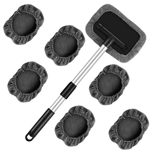 Windshield Glass Cleaning Brush with Extendable Handle & Washable Reusable Microfiber Cloth for Tesla Model S, 3, X, & Y (8 Piece Set)